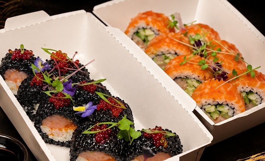 Deux boîtes de rolls : riz noir aux œufs de saumon et saumon concombre