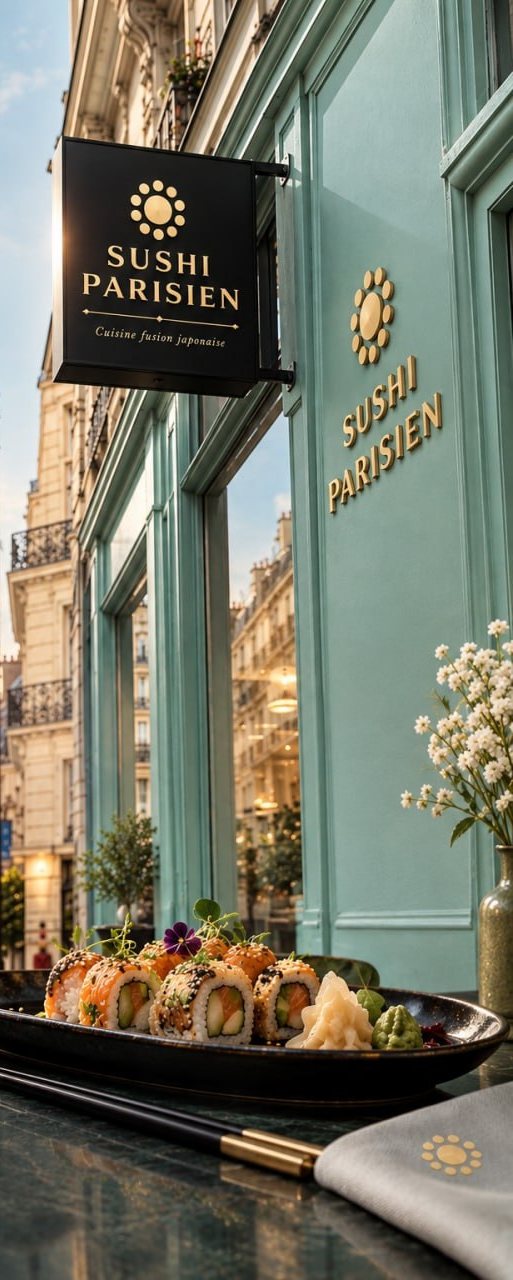 Façade de Sushi Parisien à Paris, assiette de rolls en terrasse